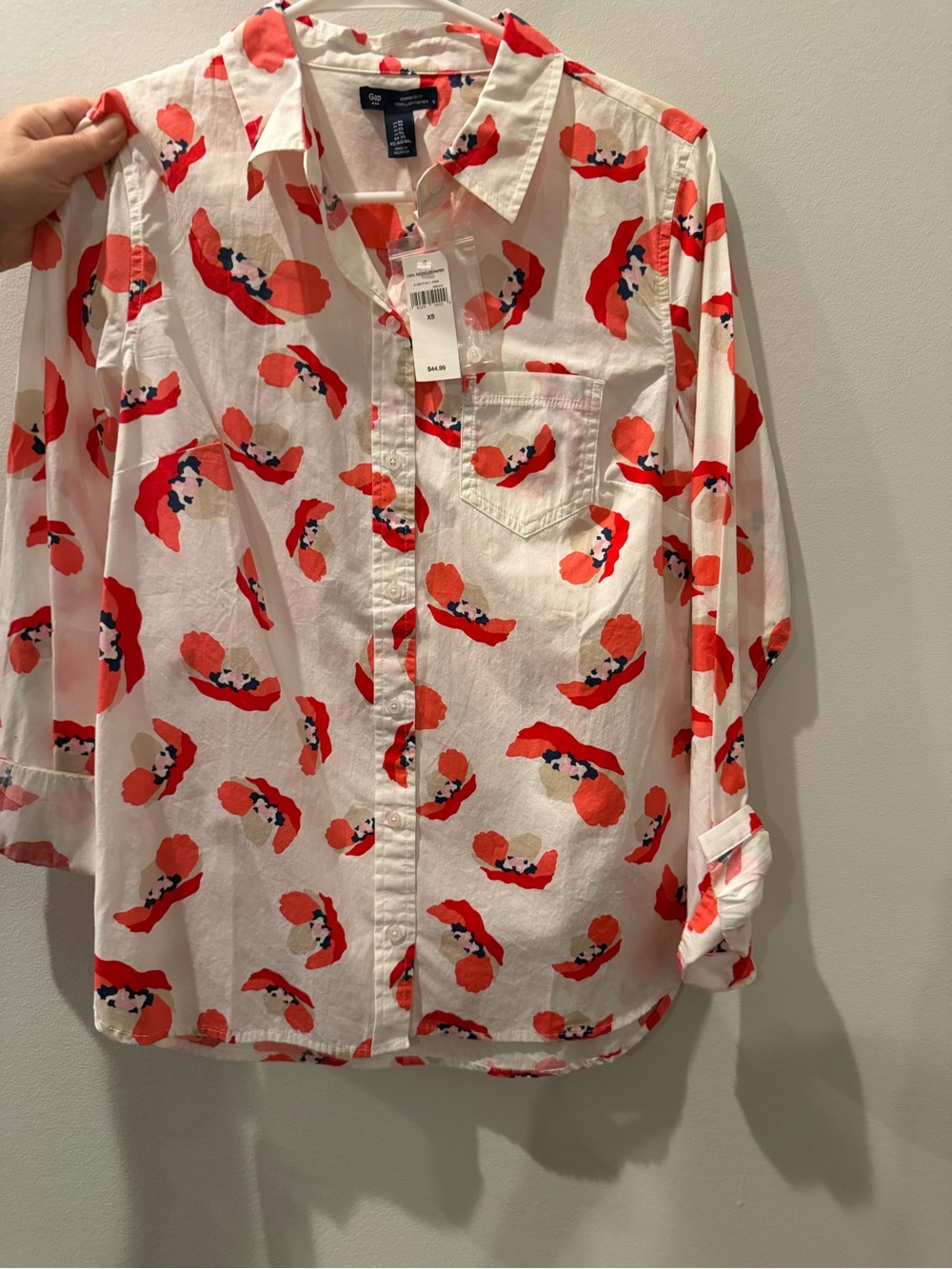 GAP White Button-Down Shirt with Red Floral Print